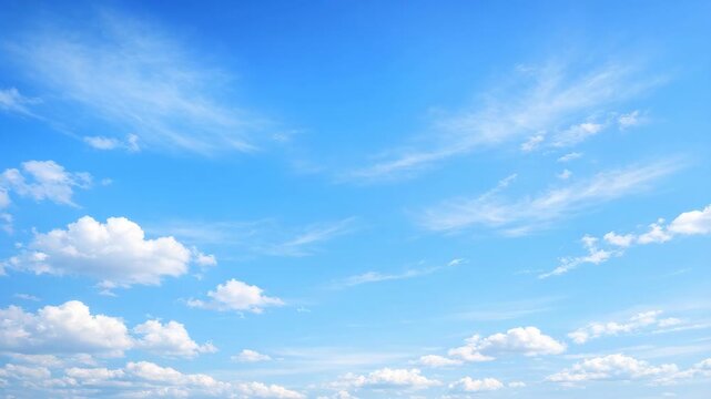 Clear blue sky with scattered white clouds. Soft, wispy clouds drift gently across the horizon. Puffy cumulus clouds dot the expansive sky. Bright blue expanse provides calm, serene atmosphere