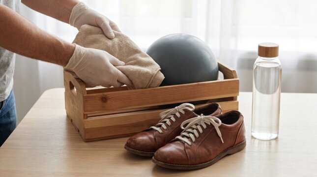 Person packing sports equipment including a ball and shoes into a wooden crate