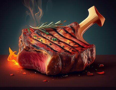 a piece of meat is grilled and has a bone sticking out of it