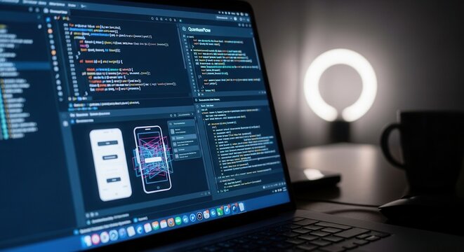 Programmer Working On Laptop With Code And App Designs Dark Studio Setup