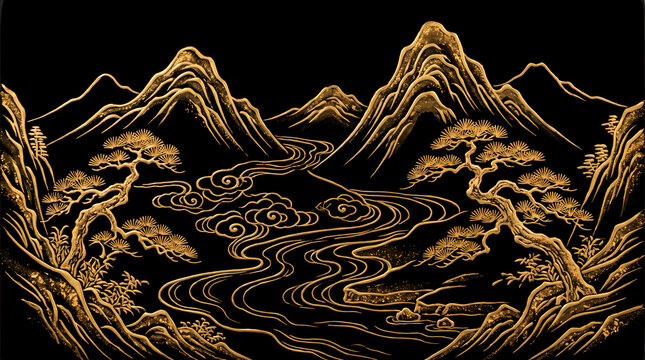 Traditional gold and black Chinese landscape illustration with mountains, pine trees, and river.