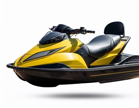 a yellow and black jet ski is parked on a white background