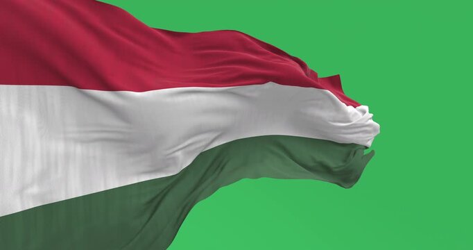 Close-up of Hungary national flag waving isolated on green background.