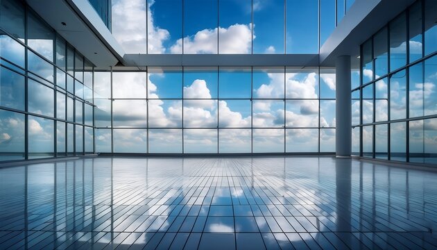 modern glass interior with bright blue sky and fluffy clouds reflecting on floor showcasing a serene and open atmosphere with clear horizon