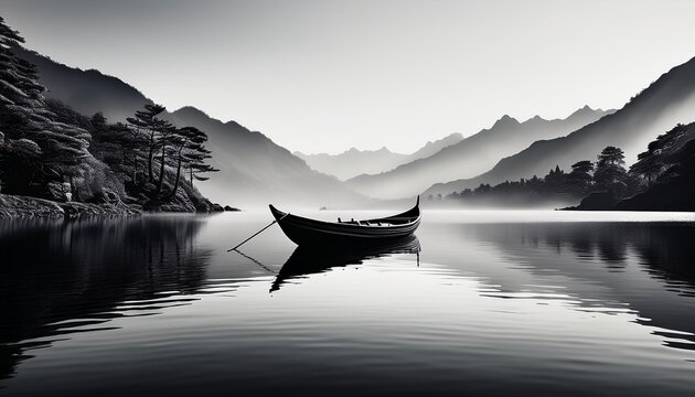monochrome boat on a serene lake surrounded by mountains beautifully framed in black captures the essence of tranquility and nature perfect for showcasing the harmony of black and white imagery