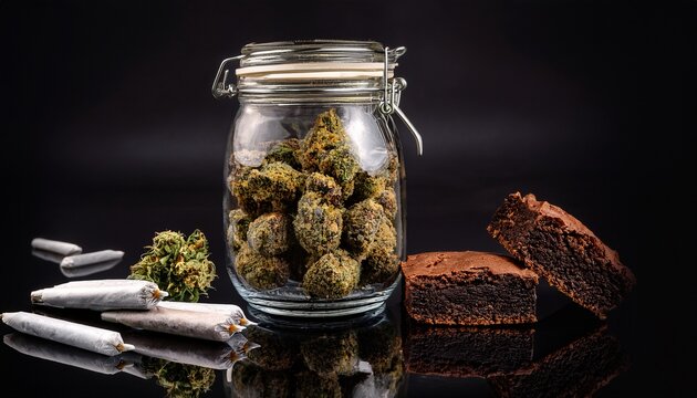 pre roll cannabis joints and cake brownies arranged alongside curing cannabis buds in a clear glass jar all displayed on a sleek black background for a striking visual appeal