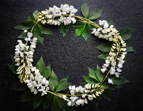 round frame created with white wisteria branches and leaves against a black asphalt background the white wisteria adds a delicate touch providing ample copy space