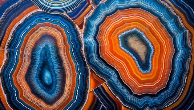 vibrant agate slice mosaic with vivid orange and blue hues layered in resin against a dark backdrop showcasing the intricate natural patterns