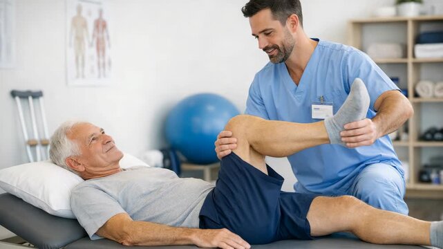 A doctor carefully examines a patient's leg in a hospital room. This captures the essence of medical care and the dedication of healthcare professionals.