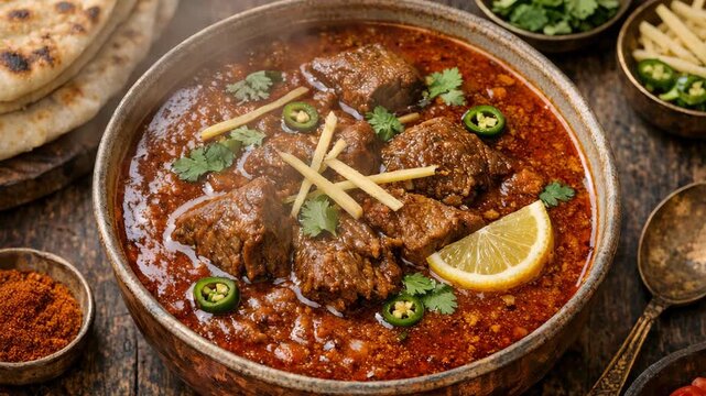 Rich, spicy meat stew garnished with herbs and citrus. Warm, rustic bowl holds savory, hearty dish. Ginger slices and lemon wedge add zest. Fresh green cilantro and chilies complete the presentation