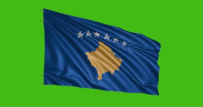 Flag of Kosovo waving in the wind against a green background with stars and a central map shape