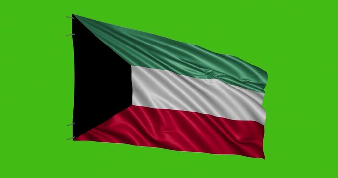 Kuwaiti flag waving on a green background during a clear day at an outdoor location