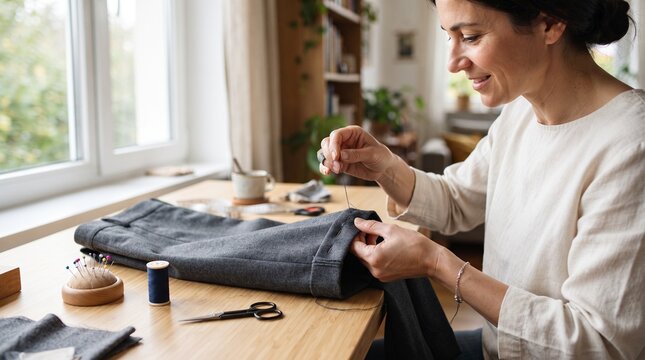A woman sits at a wooden table, diligently sewing a garment, her focus evident as she threads a needle. The warm, natural light from a nearby window illuminates her craft.