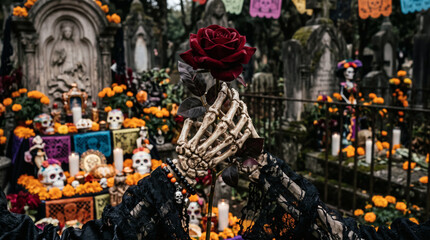 Obraz premium Skeleton hand offers a dark red rose in front of a stone tombstone decorated with marigolds and skulls in a historic cemetery.