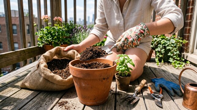 A woman with gardening gloves carefully adds rich soil to a terracotta pot on her wooden deck, surrounded by an assortment of plants and gardening tools. Sunlight filters through the greenery.