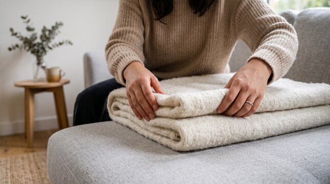 A person's hands carefully fold a soft, textured blanket on a comfortable sofa, creating a sense of coziness and domestic tranquility.