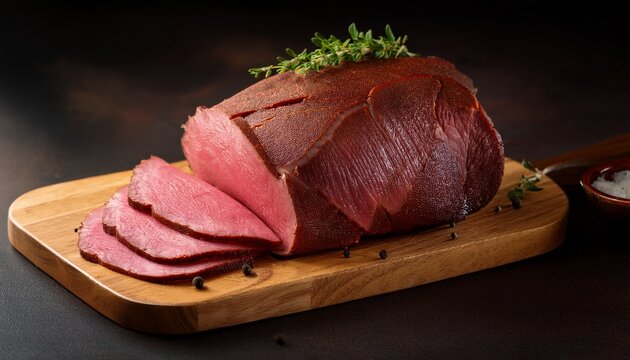 corned beef cooked and sliced on a cutting board