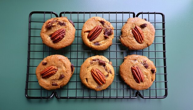 chocolate chip cookies with pecan nuts freshly baked cookies on a cooling rack