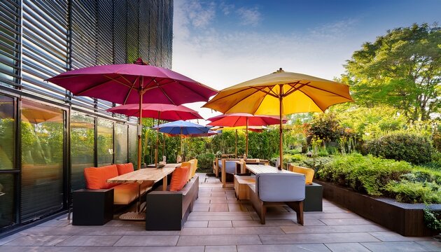 this outdoor office area features modern couches tables and vibrant umbrellas providing a comfortable atmosphere for work and relaxation amid greenery