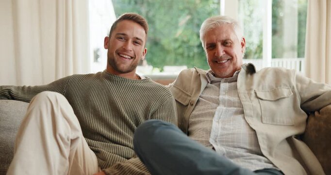 Hug, face and man with senior dad for bonding, connection or relationship for visit in home. Family, portrait and happy son and father on sofa for talking, support or relax for love, trust or embrace