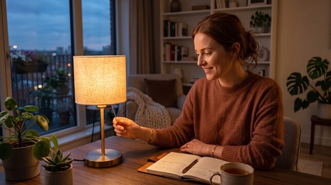 A woman happily turns on a table lamp at her desk in the evening, illuminated by its warm light. She is in a cozy room with plants and a book, enjoying a peaceful moment.