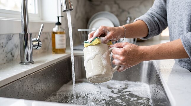 Hands wash a ceramic mug under running water in a bright kitchen sink, surrounded by suds and hygienic elements for a clean and domestic scene.
