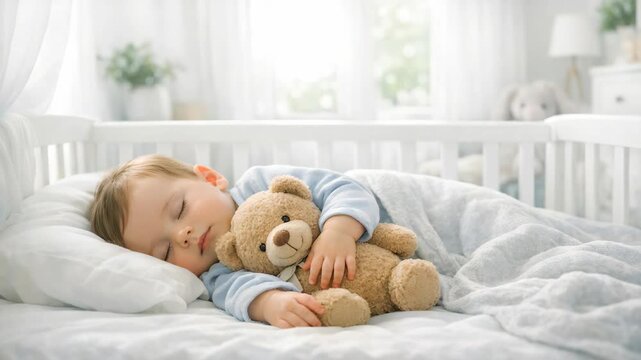 A young child sleeping peacefully in a crib while holding a toy bear.