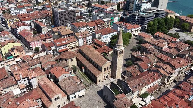 Aerial view of Basilica di Sant'Eufemia church in Grado, Italy