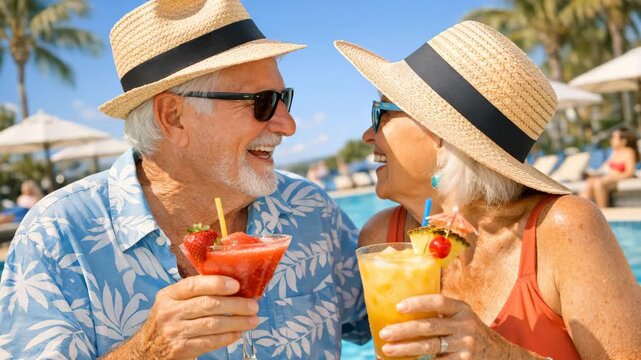 A contented elderly pair sharing drinks and laughter at the beachside pool.