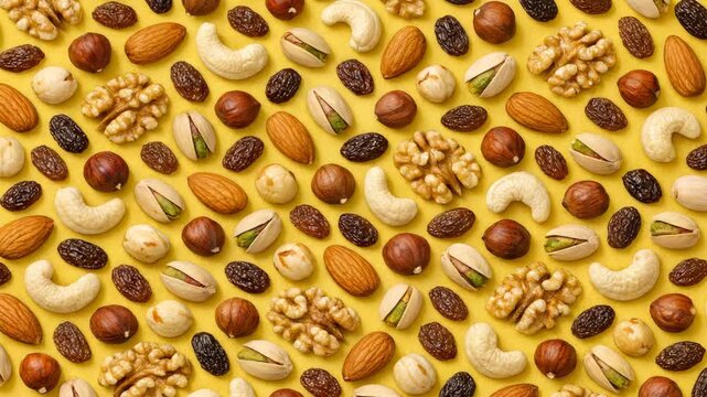 A colorful and appetizing pattern of various nuts and dried fruits arranged on a yellow background, perfect for food packaging design or promotional materials.