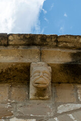 Romanesque-Gothic transitional carved stone corbel depicting a human face under roof eaves. Church of Nuestra Señora de la Asunción, Tuesta (Álava, Spain, late 12th–early 13th C) © Nandi Estévez