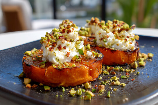 Grilled sweet potato rounds topped with creamy goat cheese or stracciatella and chopped pistachios. Delicious gourmet appetizer served on a dark plate
