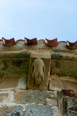 Sculpted Romanesque corbel representing a hare under the eaves of the Church of Inmaculada Concepcion, 12th century, Crespos, Valle de Manzanedo, Burgos, Castile and Leon, Spain © Nandi Estévez