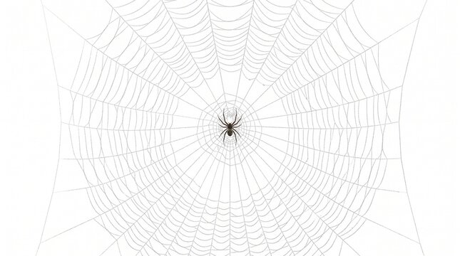 Spider waiting in the center of its intricate web on a white background