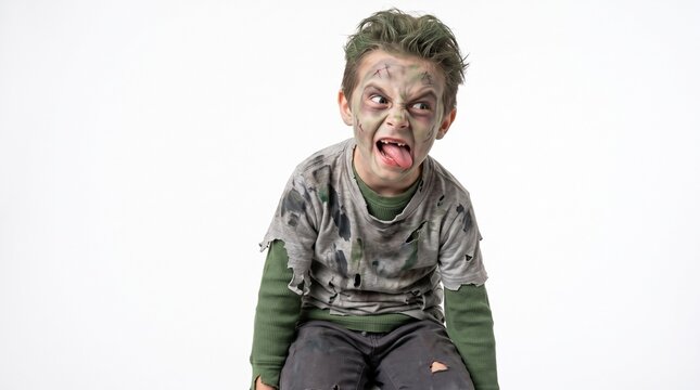 Young Boy Dressed as a Zombie Makes a Funny Face with Tongue Out