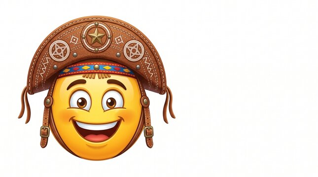 Cheerful yellow smiling emoji wearing a traditional Brazilian leather canga&ccedil;o hat isolated on a clean white background