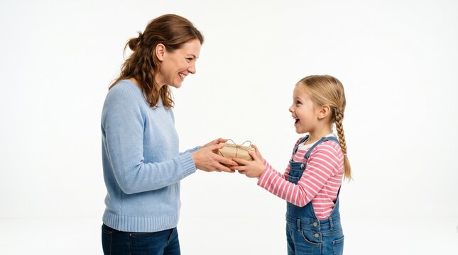 Mother gives daughter a gift on white background