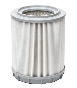 Cylindrical pleated air filter with gray plastic end caps and a mesh screen inside the top opening PNG Isolated on transparent background