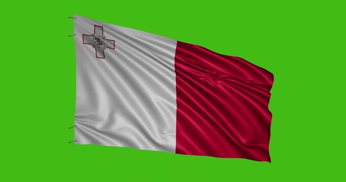 Waving flag of Malta shown on a green background with clear reflections