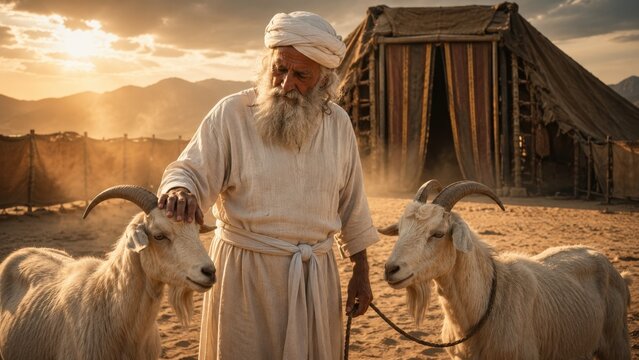 Biblical High Priest Aaron (Kohen Gadol) wearing white linen performing the Yom Kippur scapegoat (Azazel) ritual. Laying hands on the goat outside the Tabernacle (Mishkan) in the desert, Leviticus 16 