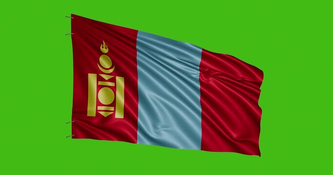 Mongolian flag waving on a green background during a bright day