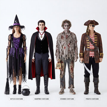 Models wearing detailed Halloween costumes are lined up side by side to showcase a witch, vampire, zombie, and pirate look.