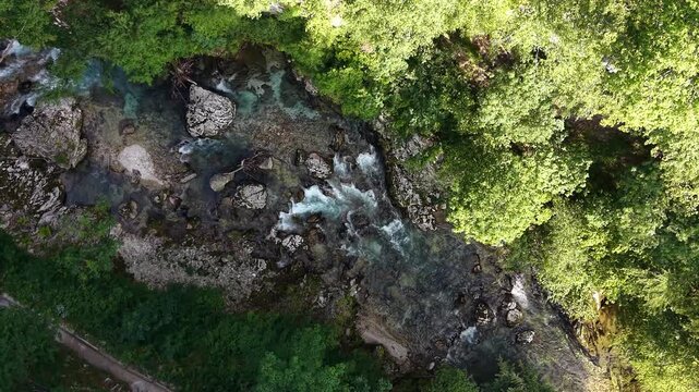 Top-down aerial view of Radovna River in Vintgar Gorge, Slovenia