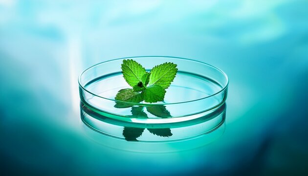 fresh mint leaf floating on liquid in glass petri dish natural herbal skincare concept with reflection and organic beauty science