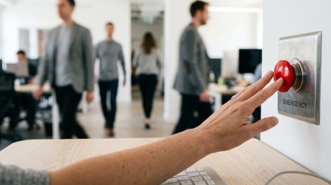 Hand pressing emergency panic button in busy office with blurred colleagues rushing in background, conveying urgency and stress