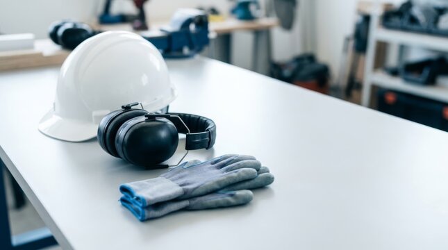 Safety gear including hard hat, earmuffs, and gloves neatly arranged on a workbench for work preparation