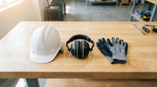 Safety equipment including hard hat, earmuffs, and gloves neatly arranged on a clean workbench, ready for work in a bright workshop.
