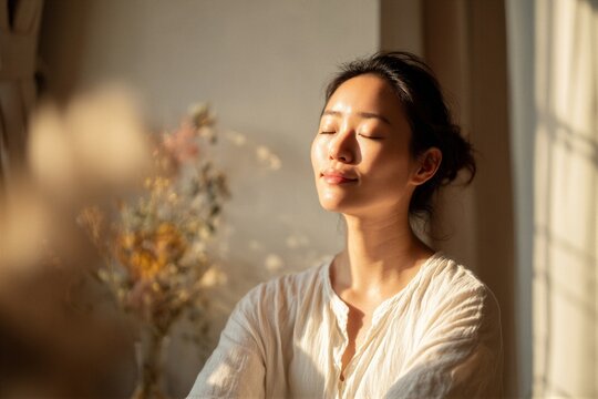 Woman in her 30s meditating with eyes closed and a soft glow in a natural setting