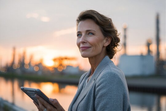 Woman in light gray blazer holds tablet at oil production site during sunset