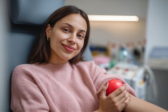 Young woman donates blood while smiling and holding a red stress ball in donation chair